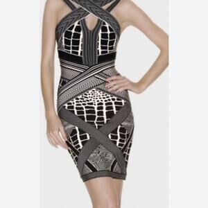 HERVE LEGER ADELE GEOMETRIC JACQUARD BLACK COMB BODY CON DRESS SIZE‎ XS